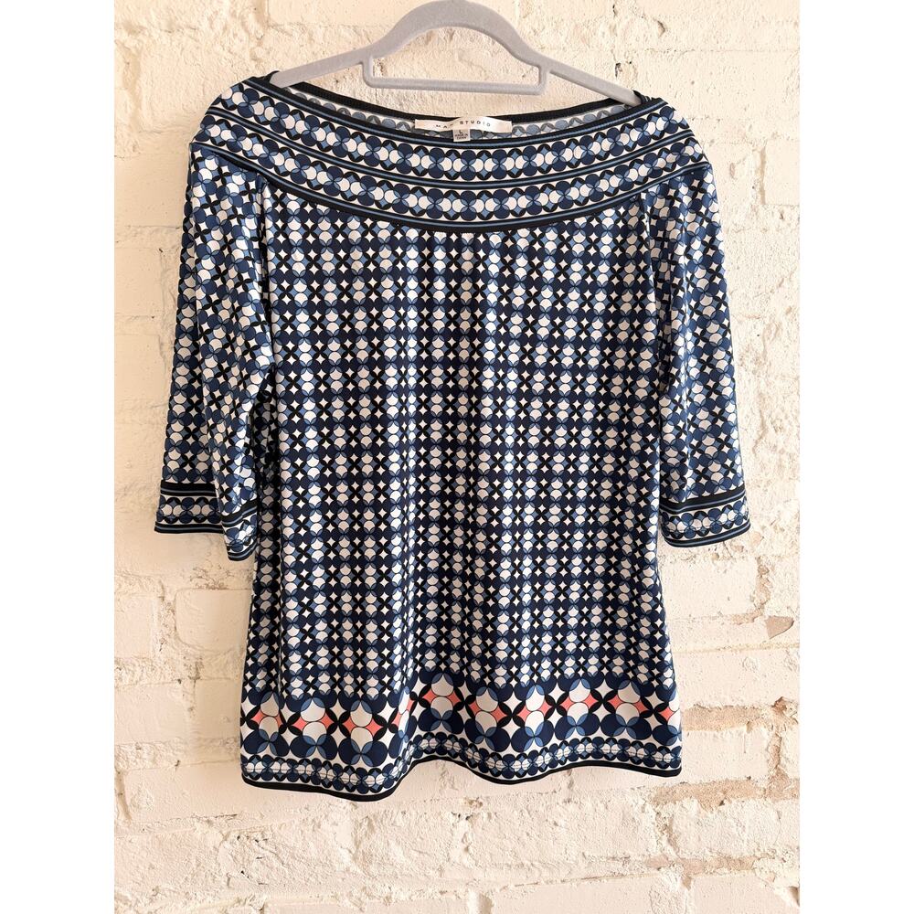 Max Studio Navy Blue Geometric Short Sleeve Tee